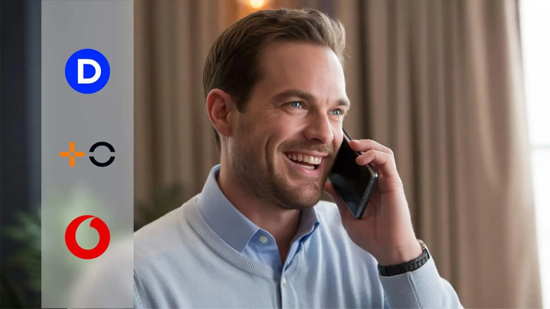 Hombre hablando por teléfono mientras aparecen los logotipos de Digi, Orange y Vodafone, simbolizando comparativa de operadores y portabilidades móviles.