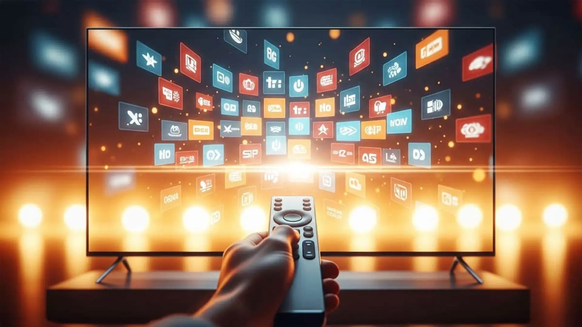 Persona usando un mando a distancia frente a una televisión con múltiples iconos de canales en pantalla.