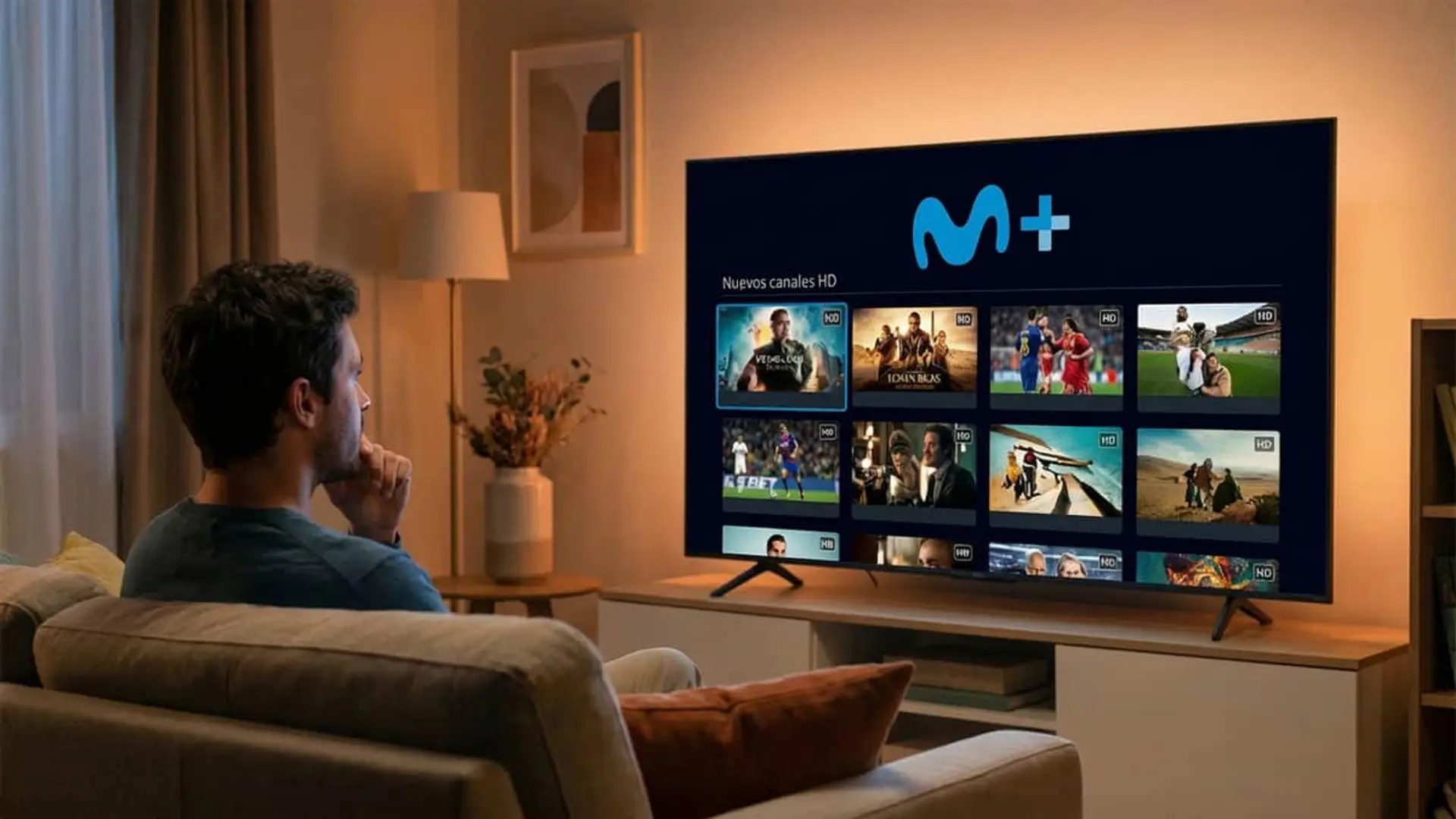 Usuario descubriendo los nuevos canales HD en la interfaz de Movistar Plus+ desde su salón.