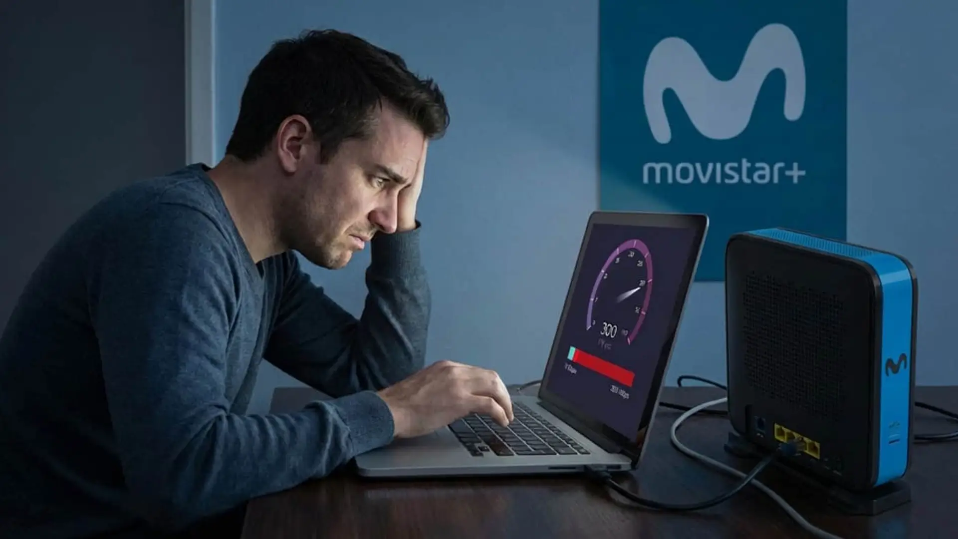 Cliente de Movistar frustrado mirando un test de velocidad de fibra lento en su portátil junto al router.
