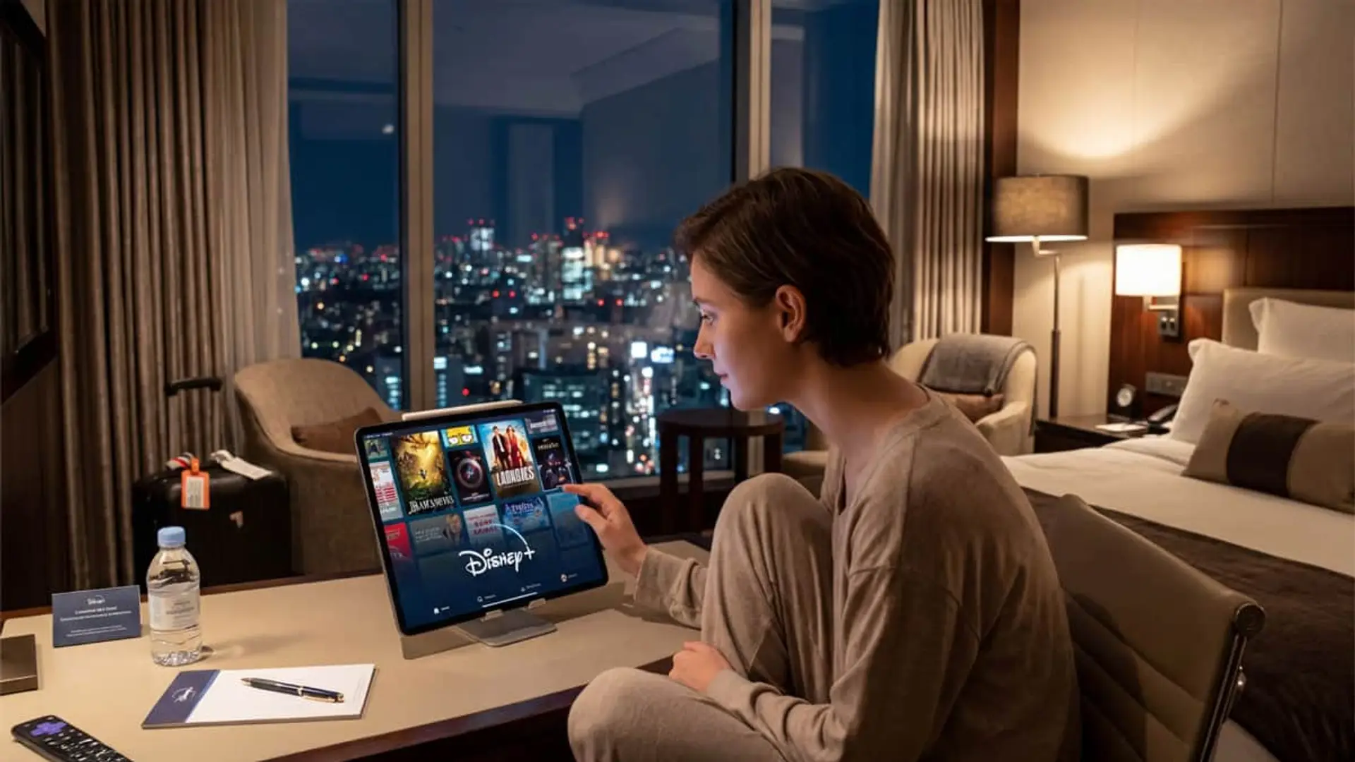 ¿Te vas de viaje en Semana Santa? Esto pasa con Netflix, HBO Max, Prime Video y Disney+ fuera de casa Mujer usando una tablet para ver Disney Plus desde la habitación de un hotel con vistas a la ciudad de noche.