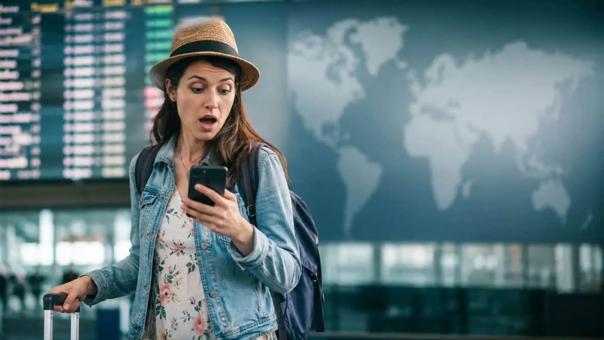 El precio del roaming no depende de la distancia: EEUU sale más barato que Marruecos o Andorra Viajera sorprendida consulta su móvil en un aeropuerto con panel de vuelos y mapa mundial al fondo.
