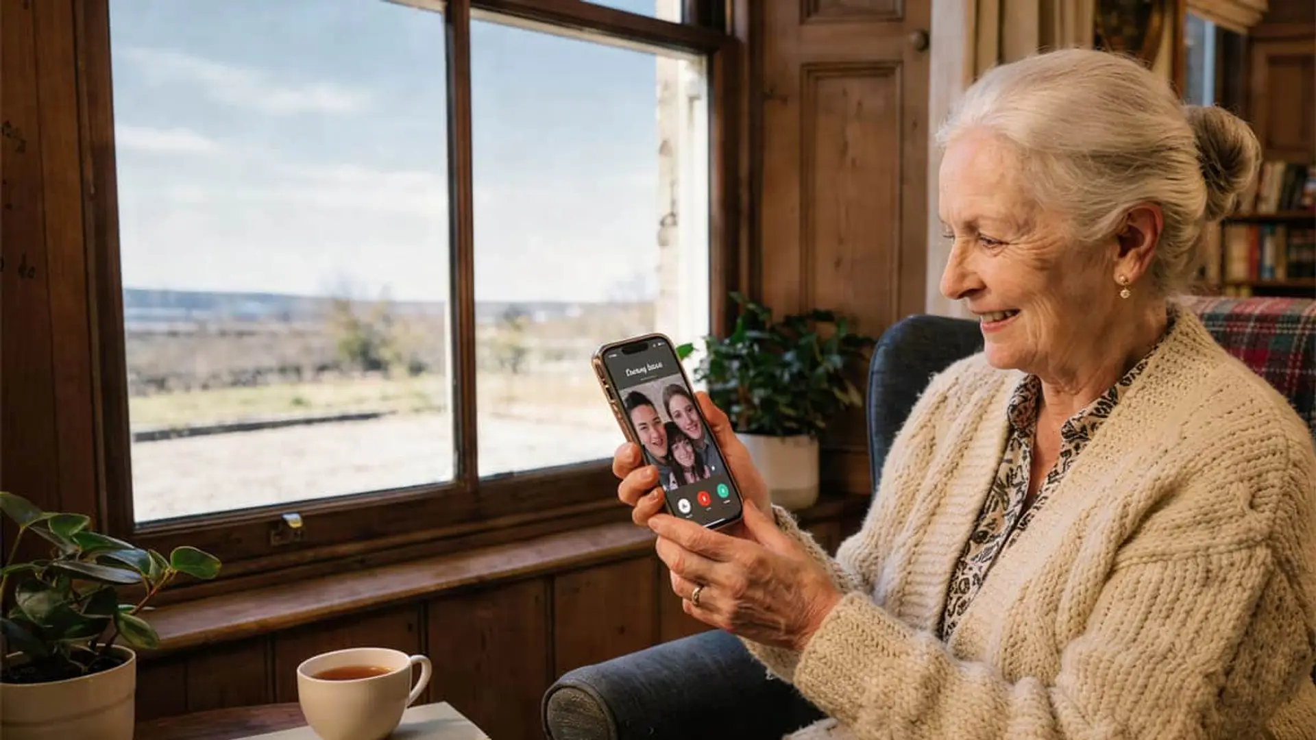 Mujer mayor realizando una videollamada con su familia desde casa.