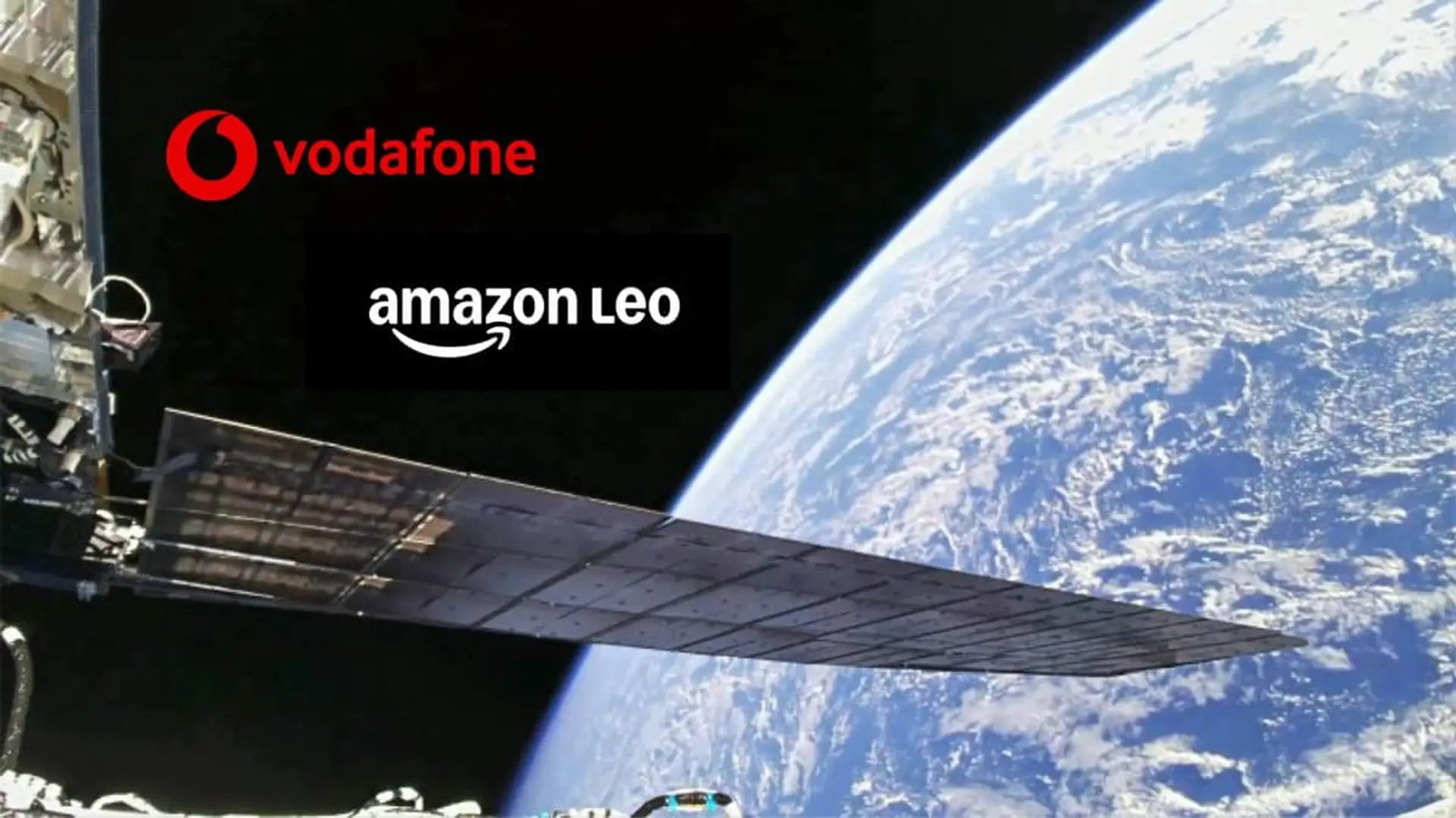 Satélite en el espacio junto a logos de Vodafone y Amazon LEO para ofrecer internet satelital de alta velocidad.