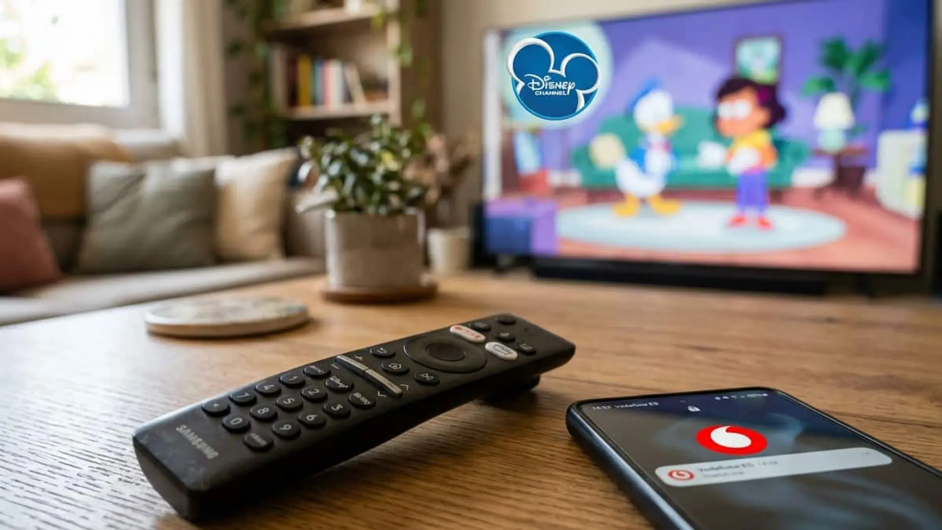 Vodafone TV repite la jugada: Disney Channel será canal invitado en septiembre pese a estar ya incluido Disney Channel en una televisión junto a un mando a distancia y un móvil con el logo de Vodafone