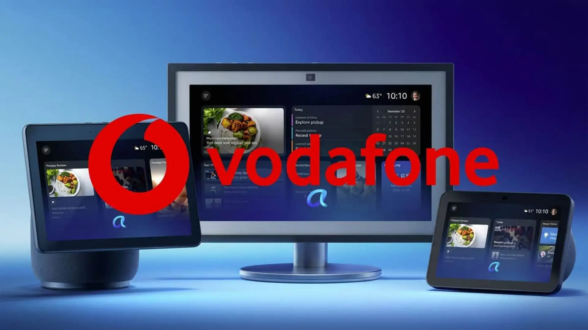 Pantallas Amazon Echo Show con logo de Vodafone y Alexa+ para el control de servicios y del hogar inteligente.