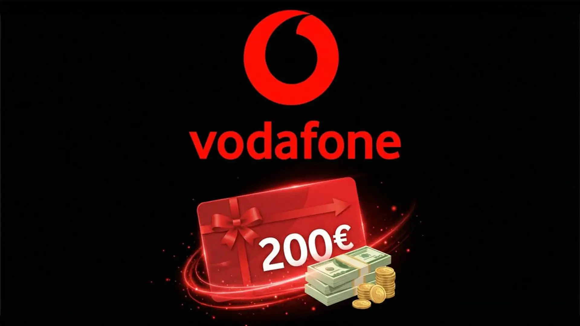 Vodafone refuerza su Plan Amigo: así puedes ganar hasta 200€ extra por conseguir clientes Tarjeta regalo roja de 200€ con logotipo de Vodafone y billetes sobre fondo negro.