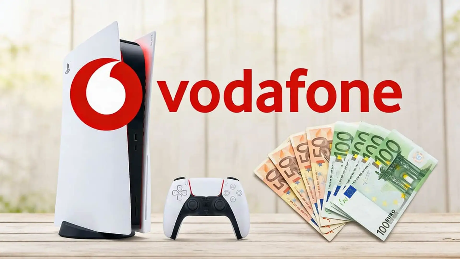 PlayStation 5 y billetes de euro junto al logo de Vodafone para promociones de regalos y dinero en efectivo.