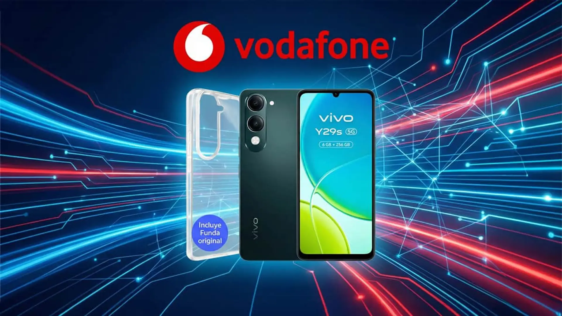 Smartphone Vivo Y29s 5G verde con funda de regalo en promoción de Vodafone sobre fondo neón.