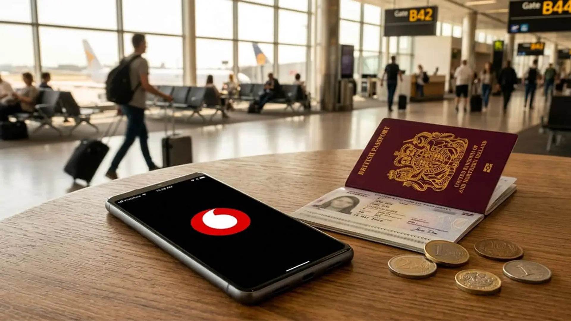 Teléfono con app Vodafone, pasaporte británico y monedas en aeropuerto para roaming internacional