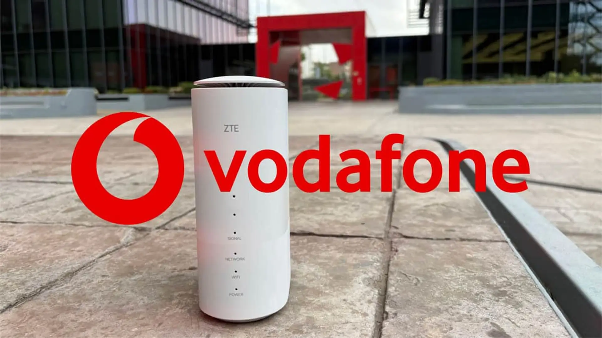 Router 5G de ZTE con el logo de Vodafone para servicios de internet inalámbrico de alta velocidad en casa.