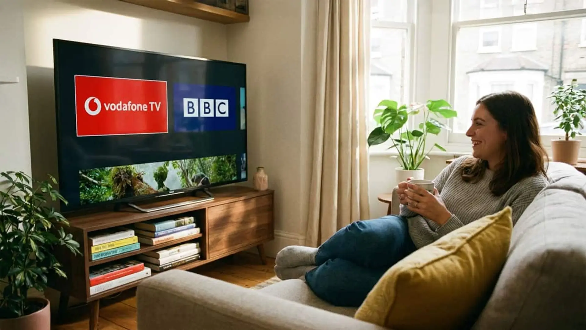 Vodafone TV estrena BBC Player, la plataforma con la que plantar cara a Movistar Plus+ y Orange Mujer sentada en el sofá viendo Vodafone TV y BBC en la televisión de su salón