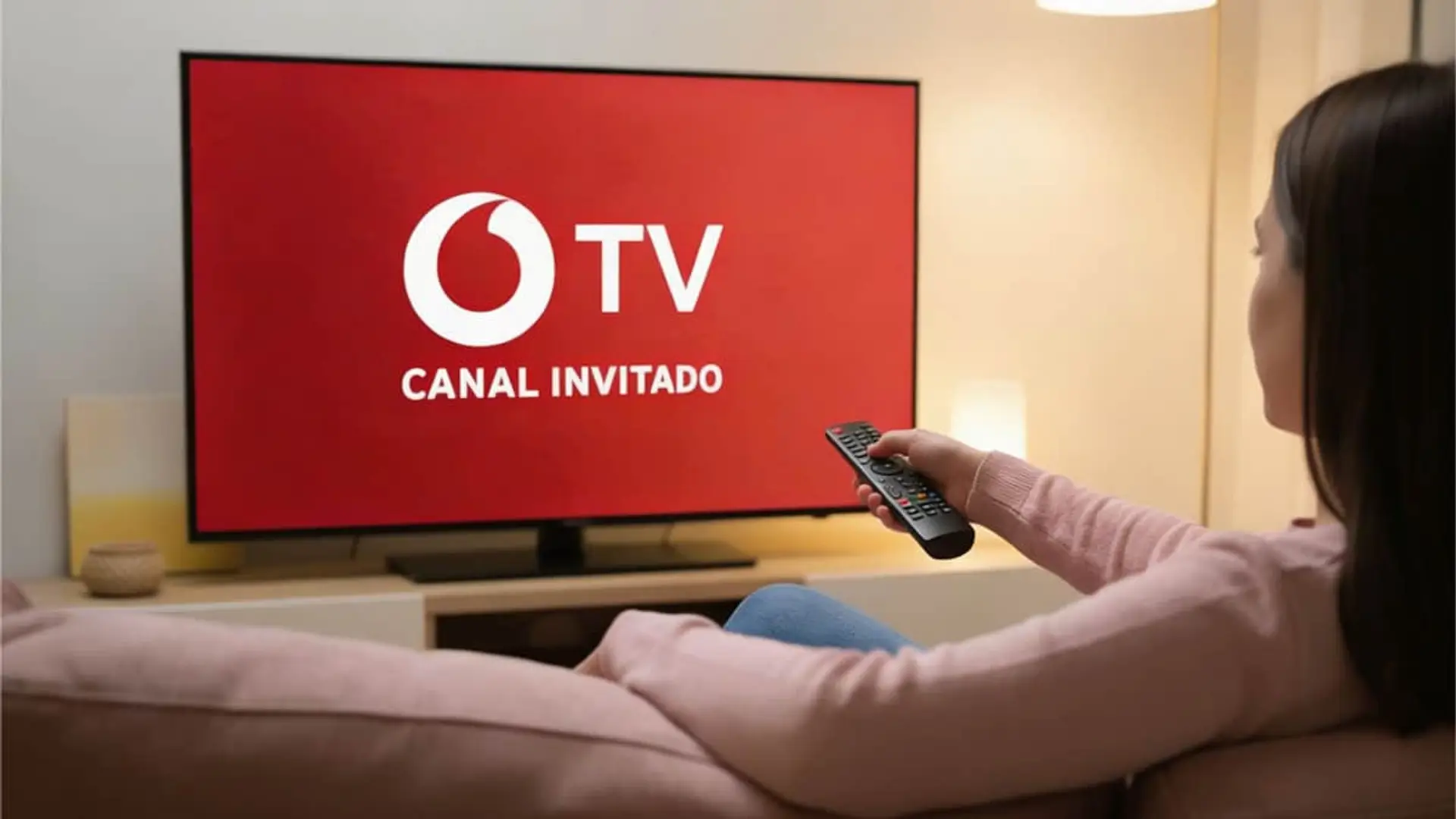 Mujer usando mando a distancia frente a Smart TV con el Canal Invitado de Vodafone TV para ver cine y series.