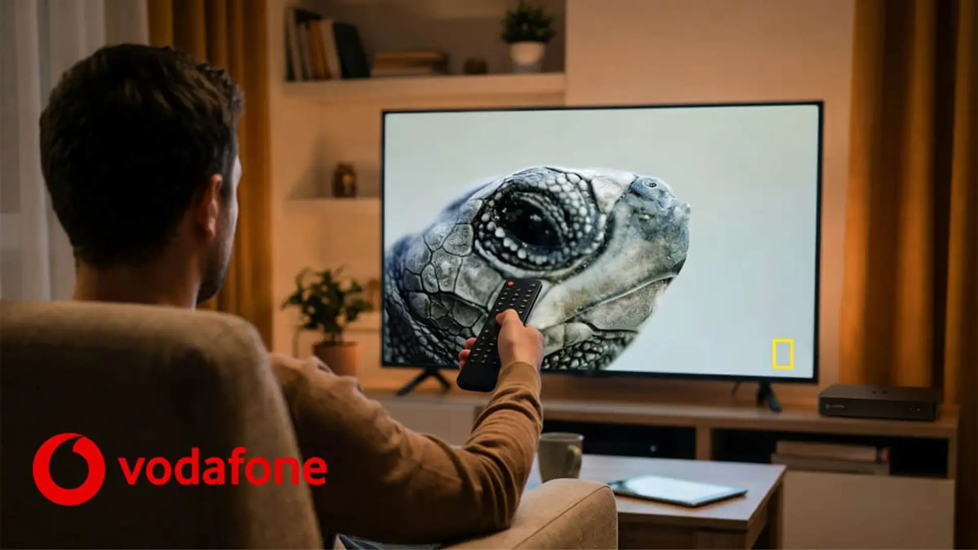 Hombre viendo National Geographic en Vodafone TV con un mando a distancia desde el salón de su casa.