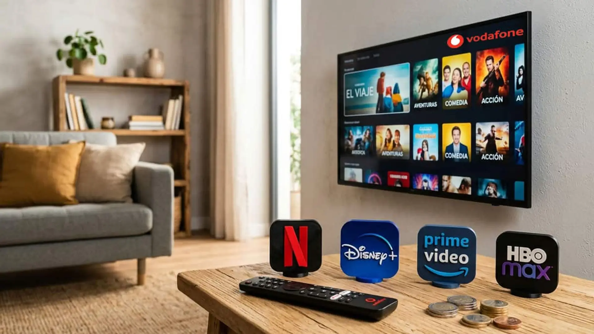 Vodafone TV cambia de precios: sube Netflix y Disney+, bajan los combos con tres plataformas Televisión con la interfaz de Vodafone TV junto a los logos de Netflix, Disney+, Prime Video y HBO Max