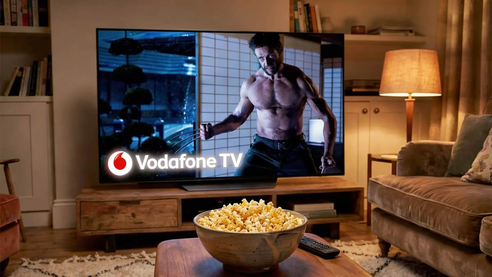 Televisor con la plataforma Vodafone TV y bol de palomitas para ver cine y series en streaming desde el salón.
