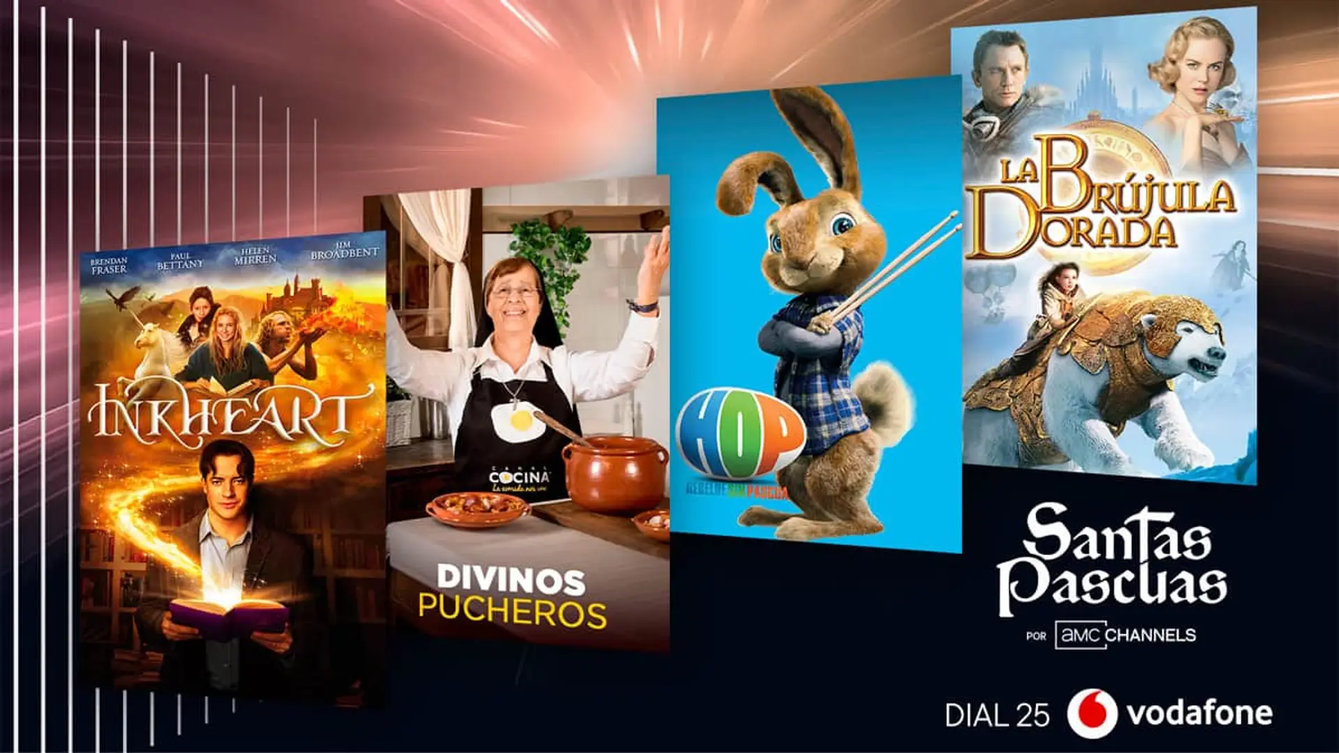 Cartel de Santas Pascuas en Vodafone TV con contenidos como Divinos Pucheros y La Brújula Dorada en streaming.