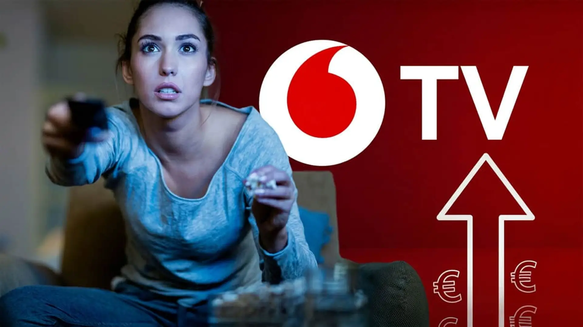 Subida de precios en Vodafone TV: mujer con mando ante flecha ascendente simbolizando el aumento de tarifas.
