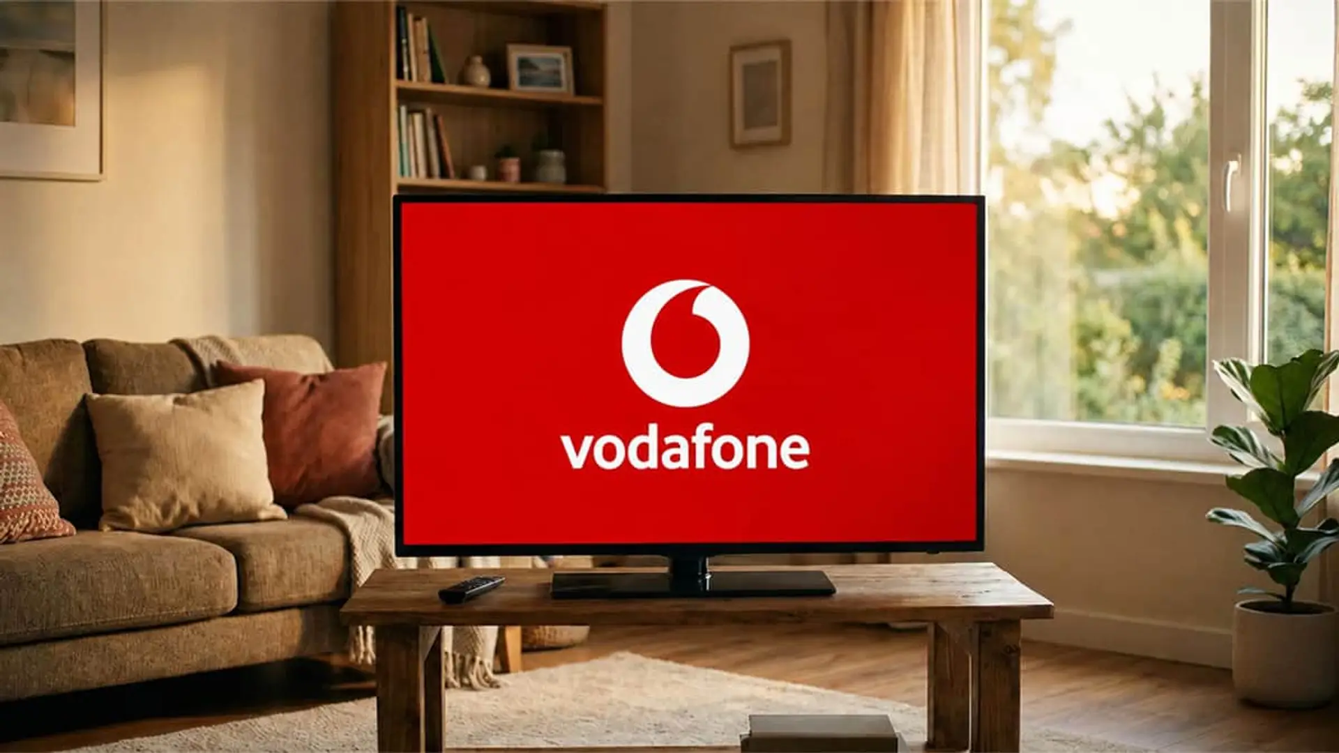 Cine español clásico gratis en Vodafone TV: el canal Somos se abre para todos los clientes desde el 30 de junio Televisor con el logo de Vodafone en un salón junto a sofá, ventana y mesa de madera
