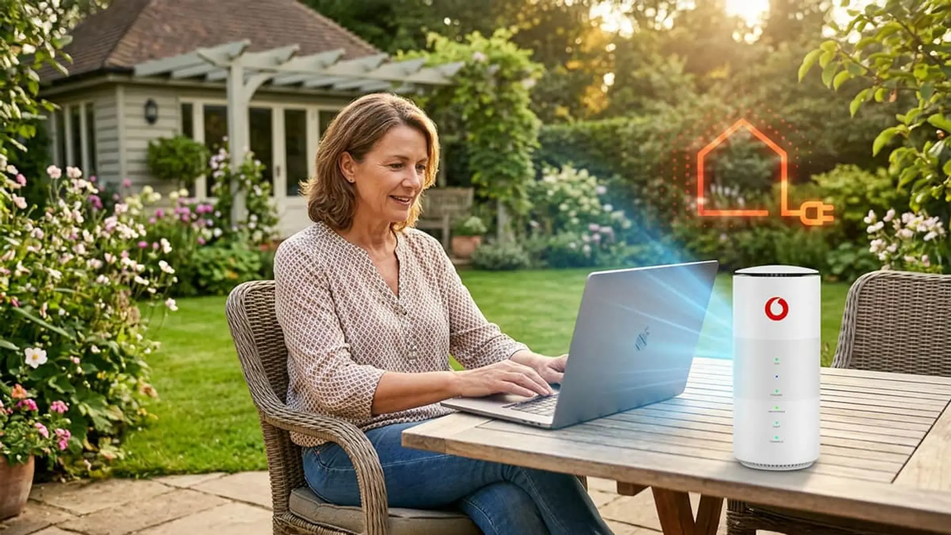 Mujer trabajando con un portátil junto al router de Vodafone en el jardín para representar la conectividad wifi en casa.