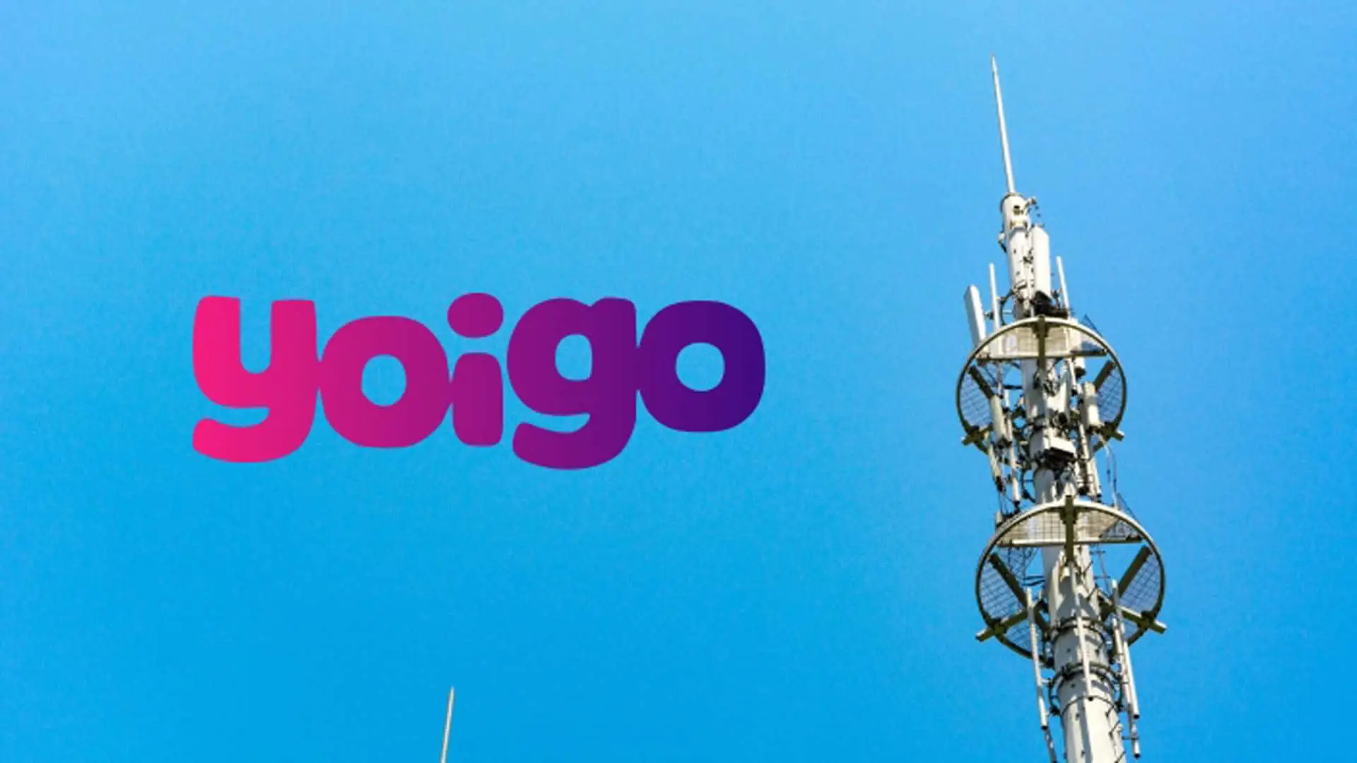 Logo de Yoigo junto a una antena de telecomunicaciones. Símbolo de la cobertura de red móvil y 5G de la operadora.