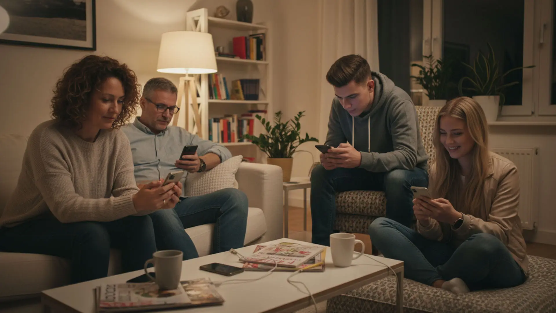 Familia sentada en el salón de noche, cada miembro mirando su propio smartphone, simbolizando un contrato de fibra y 4 líneas móviles.