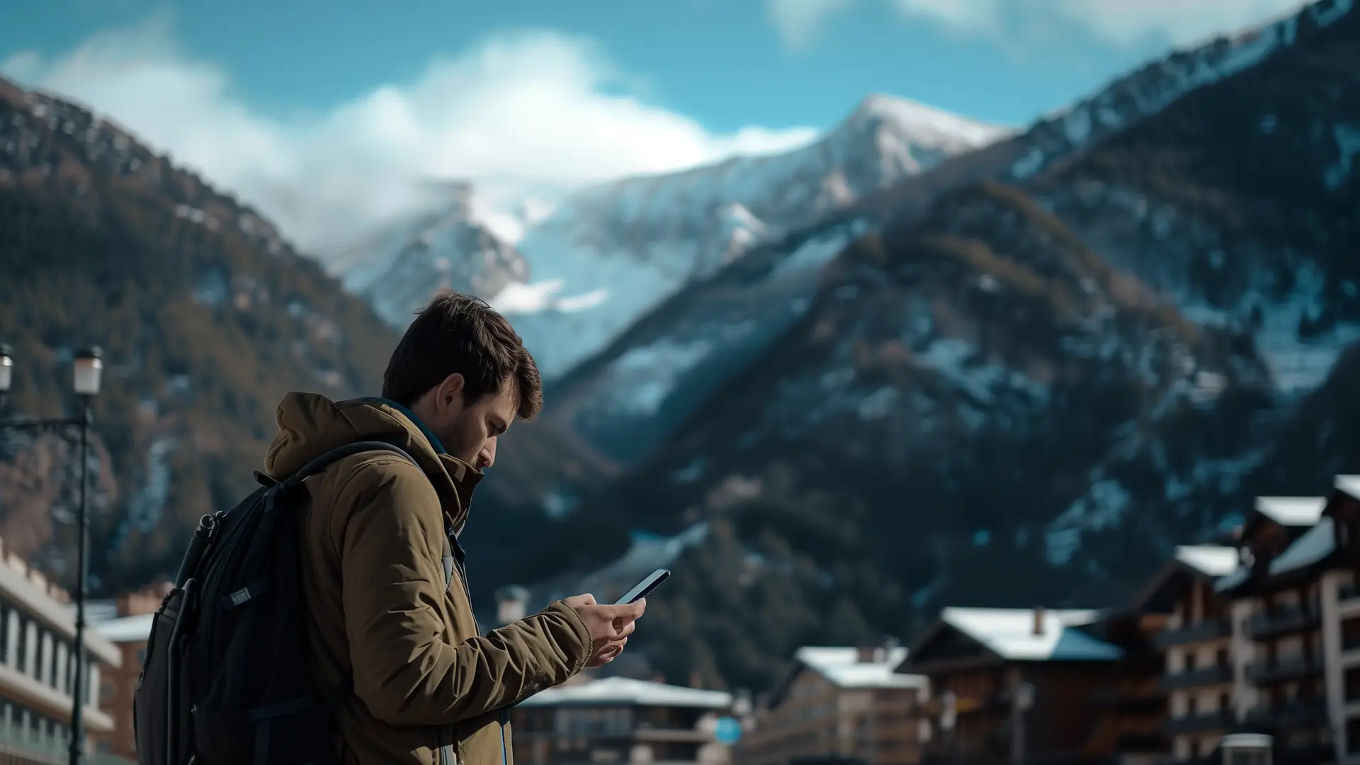 Un joven turista con su móvil con roaming en una zona de Andorra donde se ven las montañas nevadas.