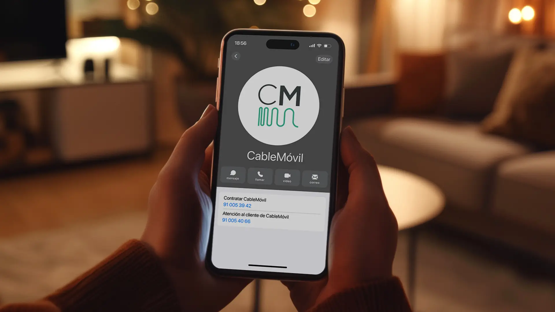 Pantalla de un móvil con el contacto de CableMóvil y el teléfono de contratación 91 005 39 42 y el de atención al cliente 91 005 40 66. Pantalla de un móvil con el contacto de CableMóvil y el teléfono de contratación 91 005 39 42 y el de atención al cliente 91 005 40 66.