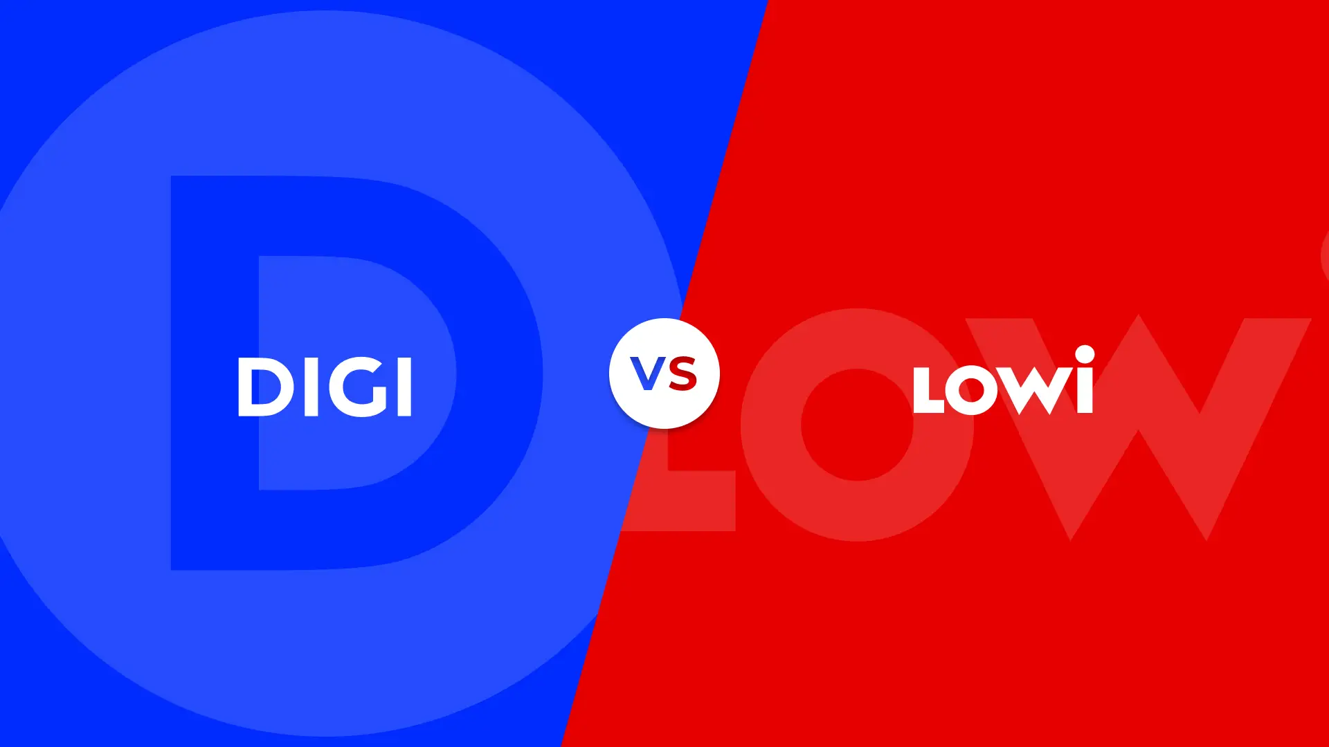 Logotipos y colores corporativos de Digi y Lowi en un versus de comparativa de las compañías telefónicas.