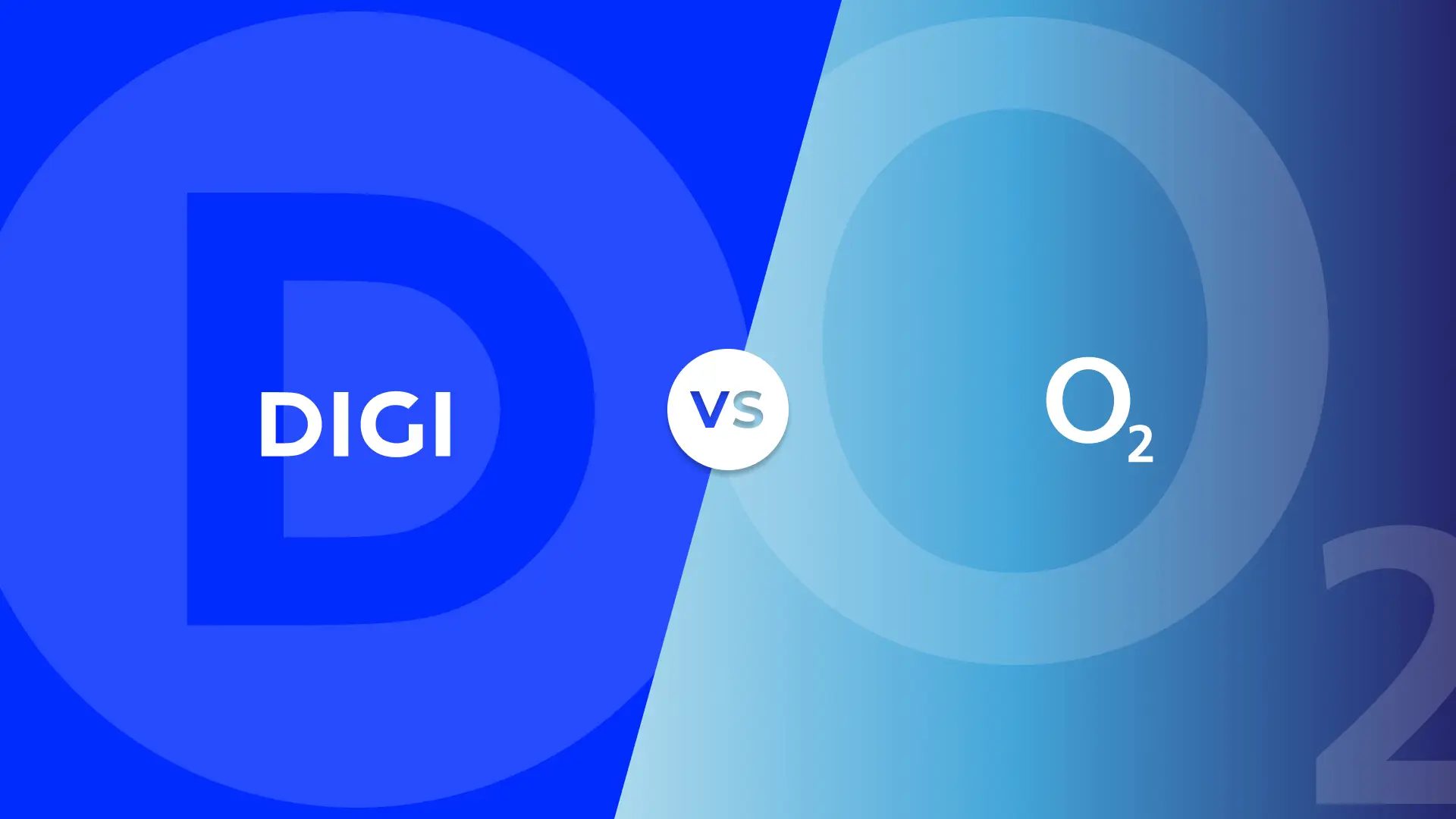 Logotipos y colores corporativos de Digi y O2 en un versus de comparativa de las compañías telefónicas.