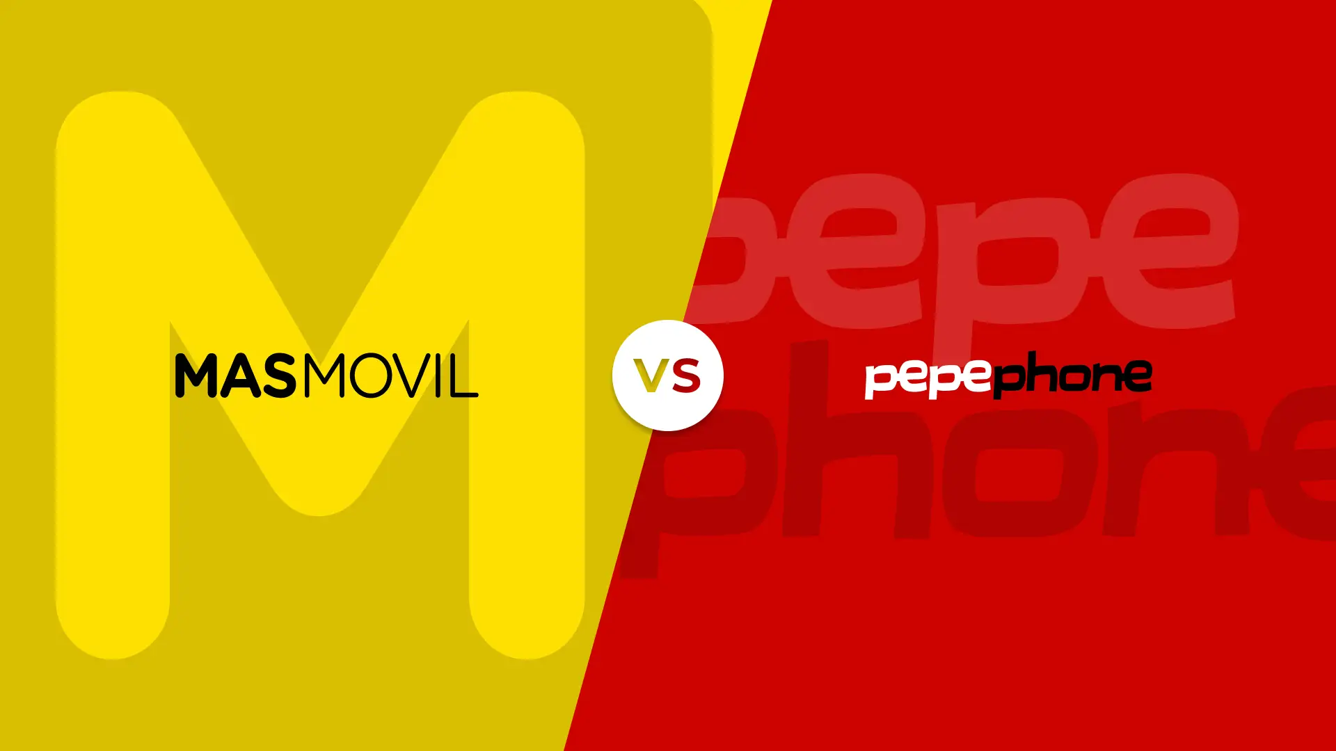 Logotipos y colores corporativos de MásMóvil y Pepephone en un versus de comparativa de las compañías telefónicas.