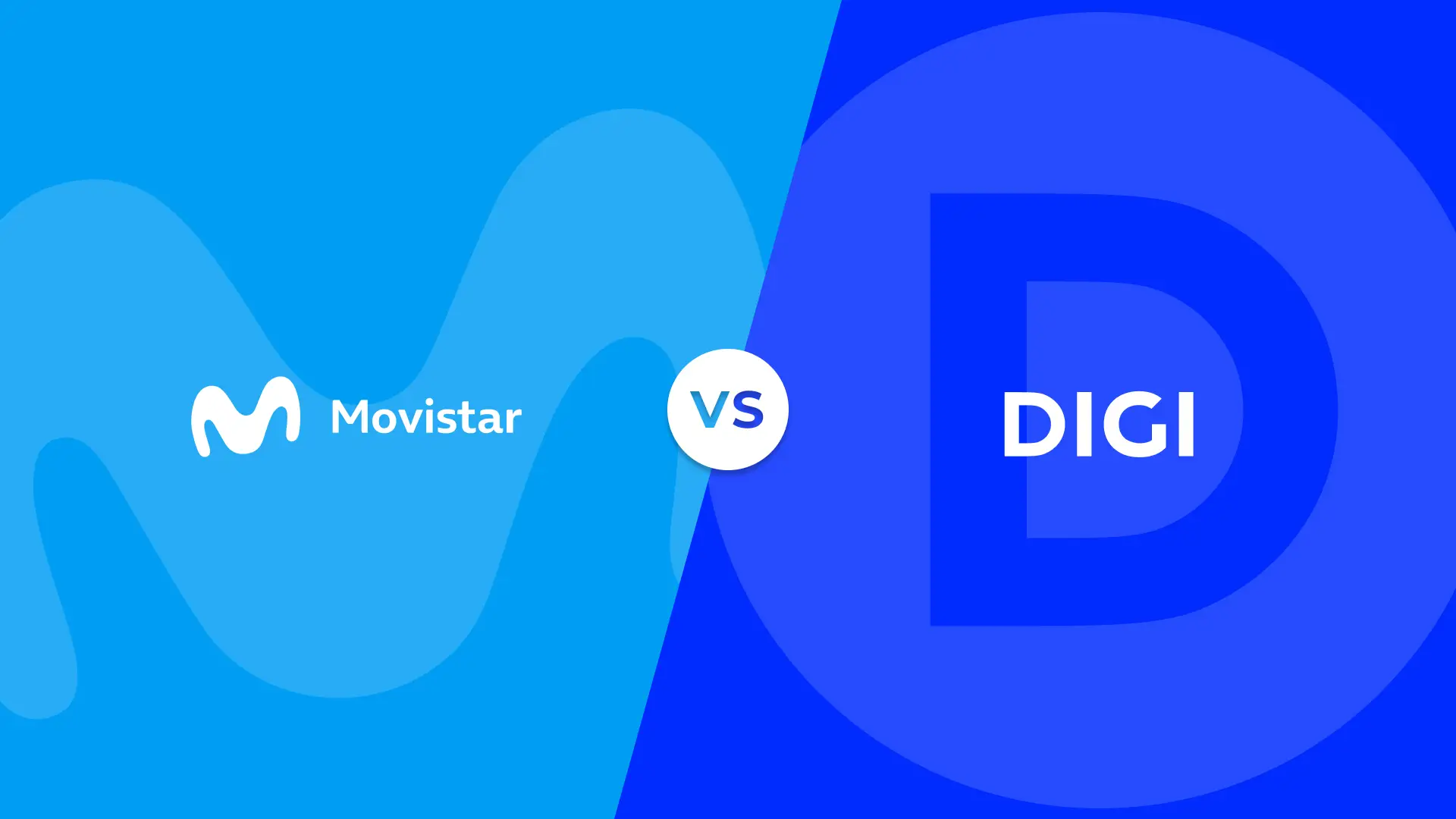 Logotipos y colores corporativos de Movistar y Digi en un versus de comparativa de las compañías telefónicas.