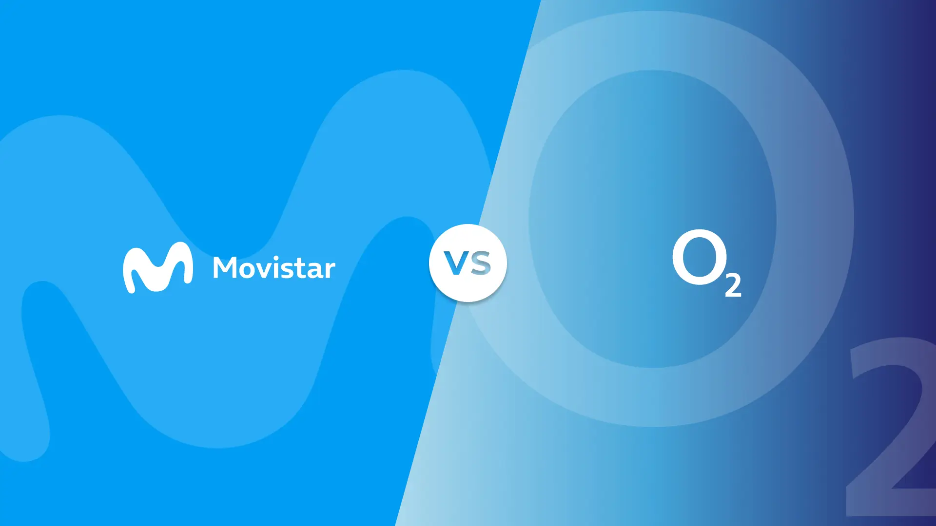 Logotipos y colores corporativos de Movistar y O2 en un versus de comparativa de las compañías telefónicas.