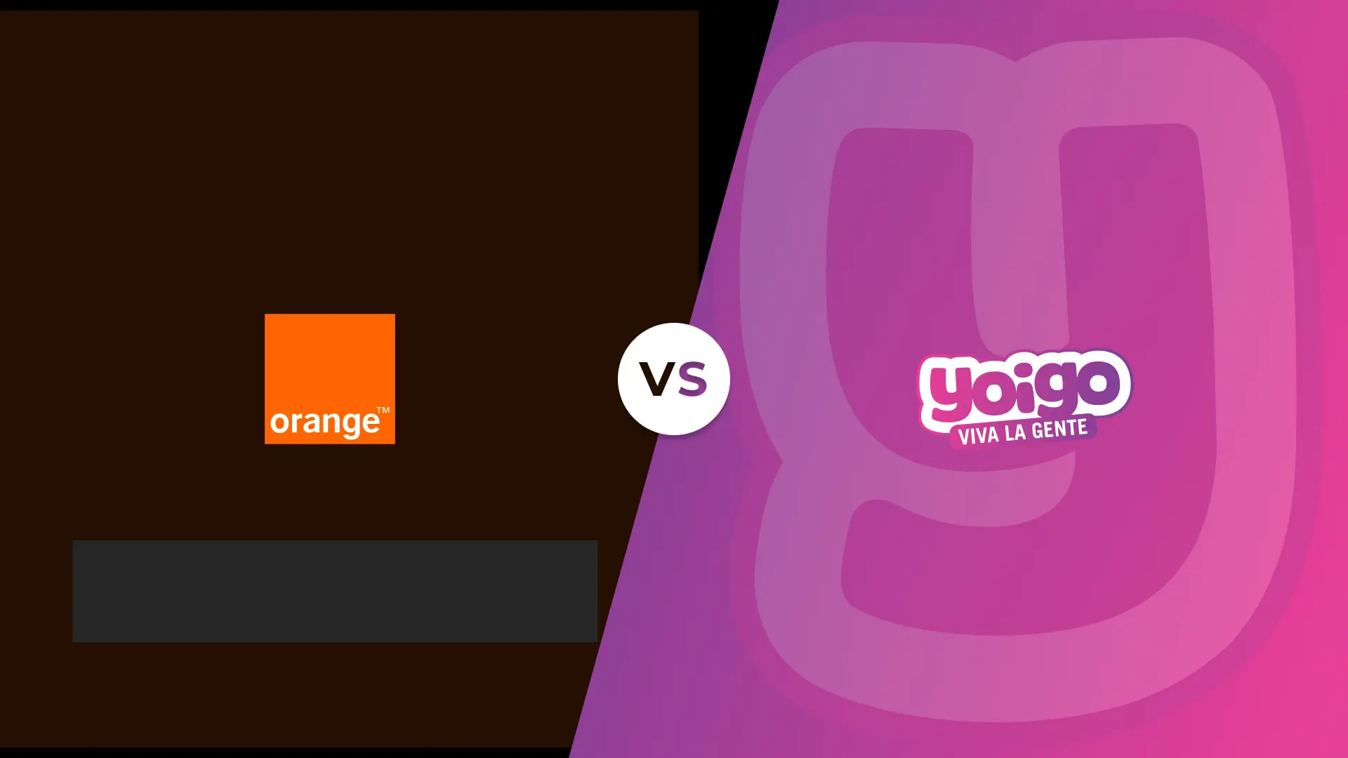 Logotipos y colores corporativos de Orange y Yoigo en un versus de comparativa de las compañías telefónicas.