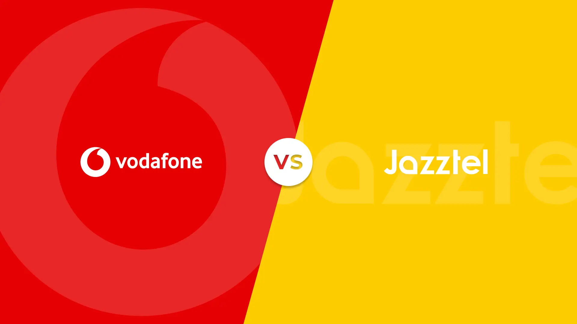Logotipos y colores corporativos de Vodafone y Jazztel en un versus de comparativa de las compañías telefónicas.