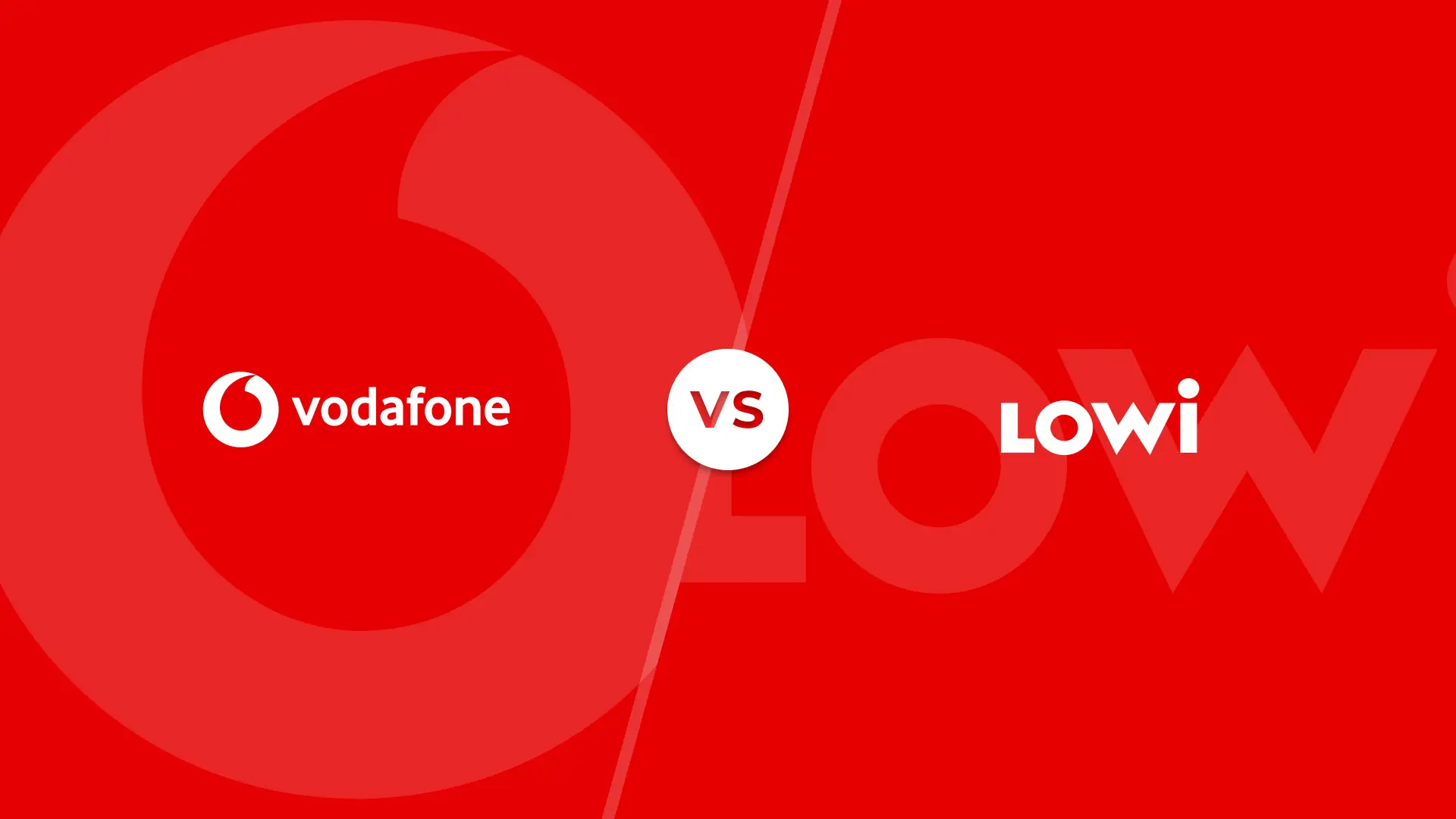Logotipos y colores corporativos de Vodafone y Lowi en un versus de comparativa de las compañías telefónicas.