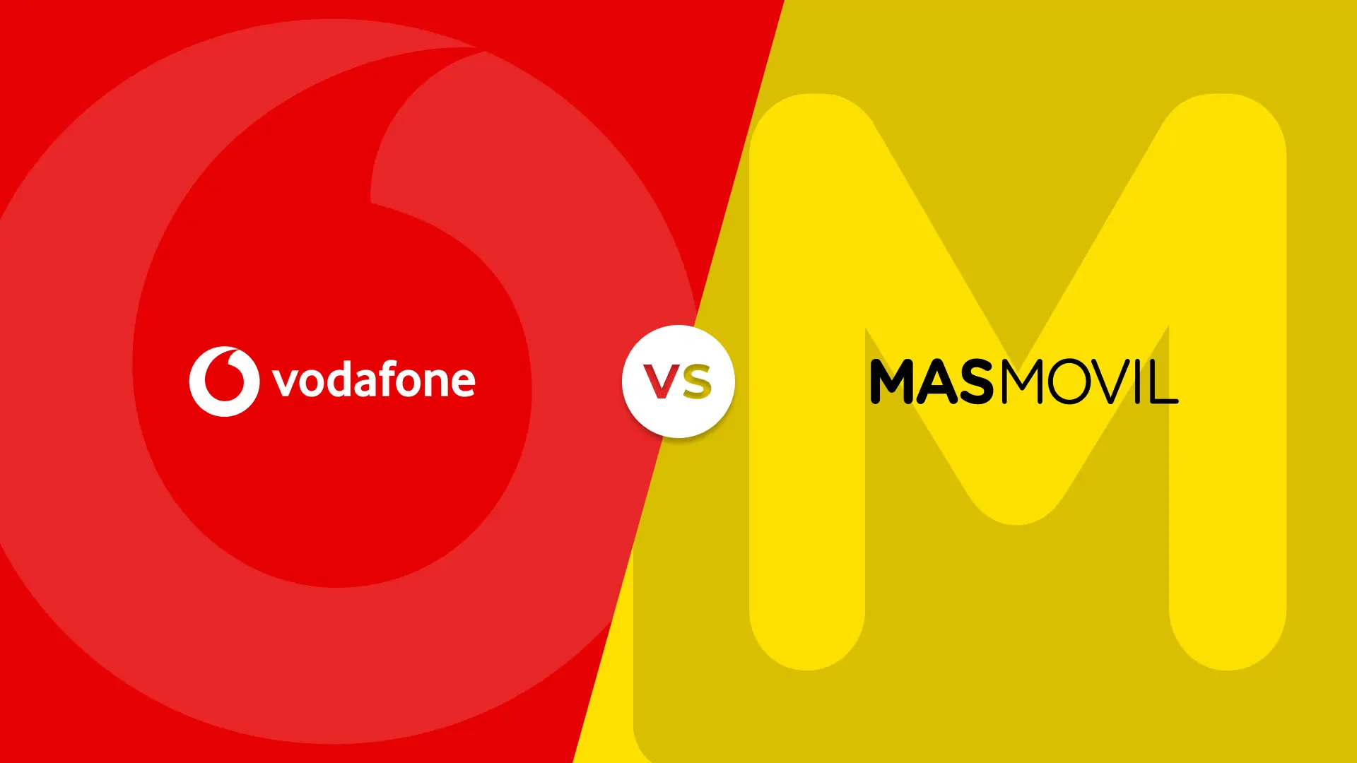 Logotipos y colores corporativos de Vodafone y MásMóvil en un versus de comparativa de las compañías telefónicas.