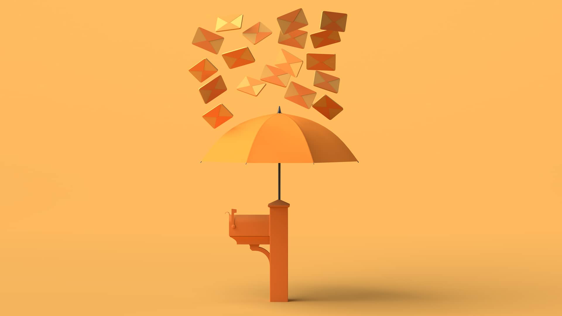 Buzón amarillo con paraguas sobre el que caen sobres de correo jazztel