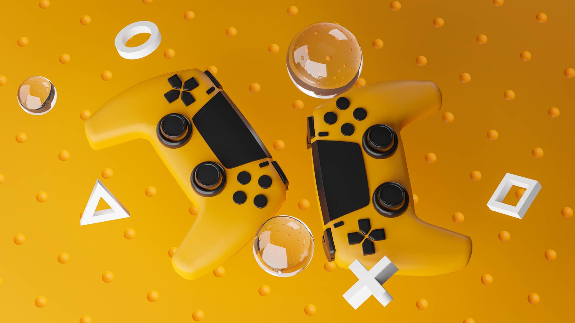 Mandos y símbolos de PS sobre fondo amarillo para hablar sobre las posibilidades de comprar una Playstation con jazztel