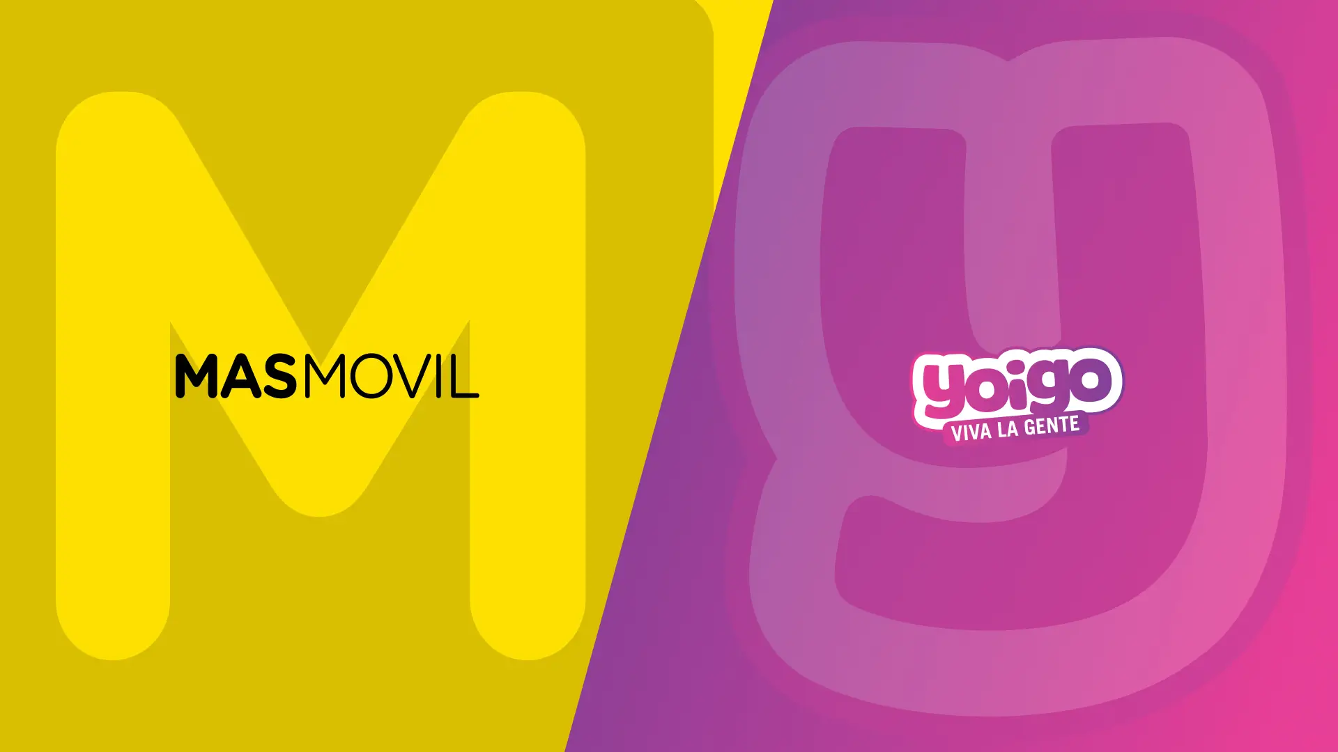 Logotipos y colores corporativos de MásMóvil y Yoigo en un versus de comparativa de las compañías telefónicas. Logotipos y colores corporativos de MásMóvil y Yoigo en un versus de comparativa de las compañías telefónicas.