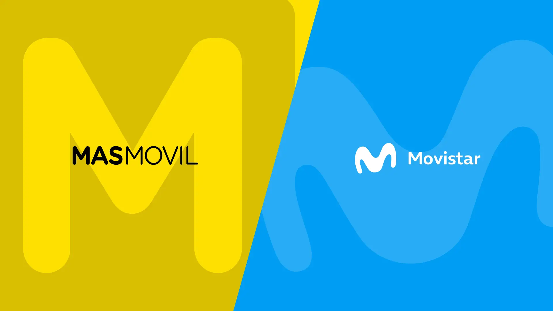 Logotipos y colores corporativos de MásMóvil y Movistar en un versus de comparativa de las compañías telefónicas. Logotipos y colores corporativos de MásMóvil y Movistar en un versus de comparativa de las compañías telefónicas.