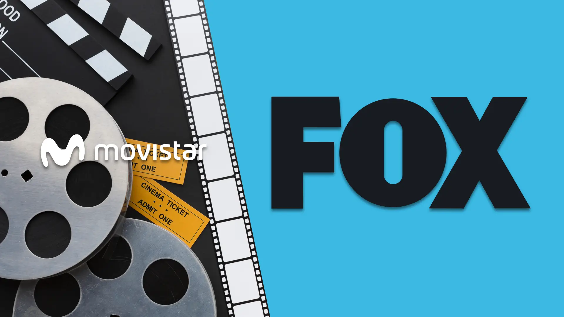 Logotipos de movistar y FOX sobre fondo de temática de cine para hablar de la posibilidad de conseguirlos juntos
