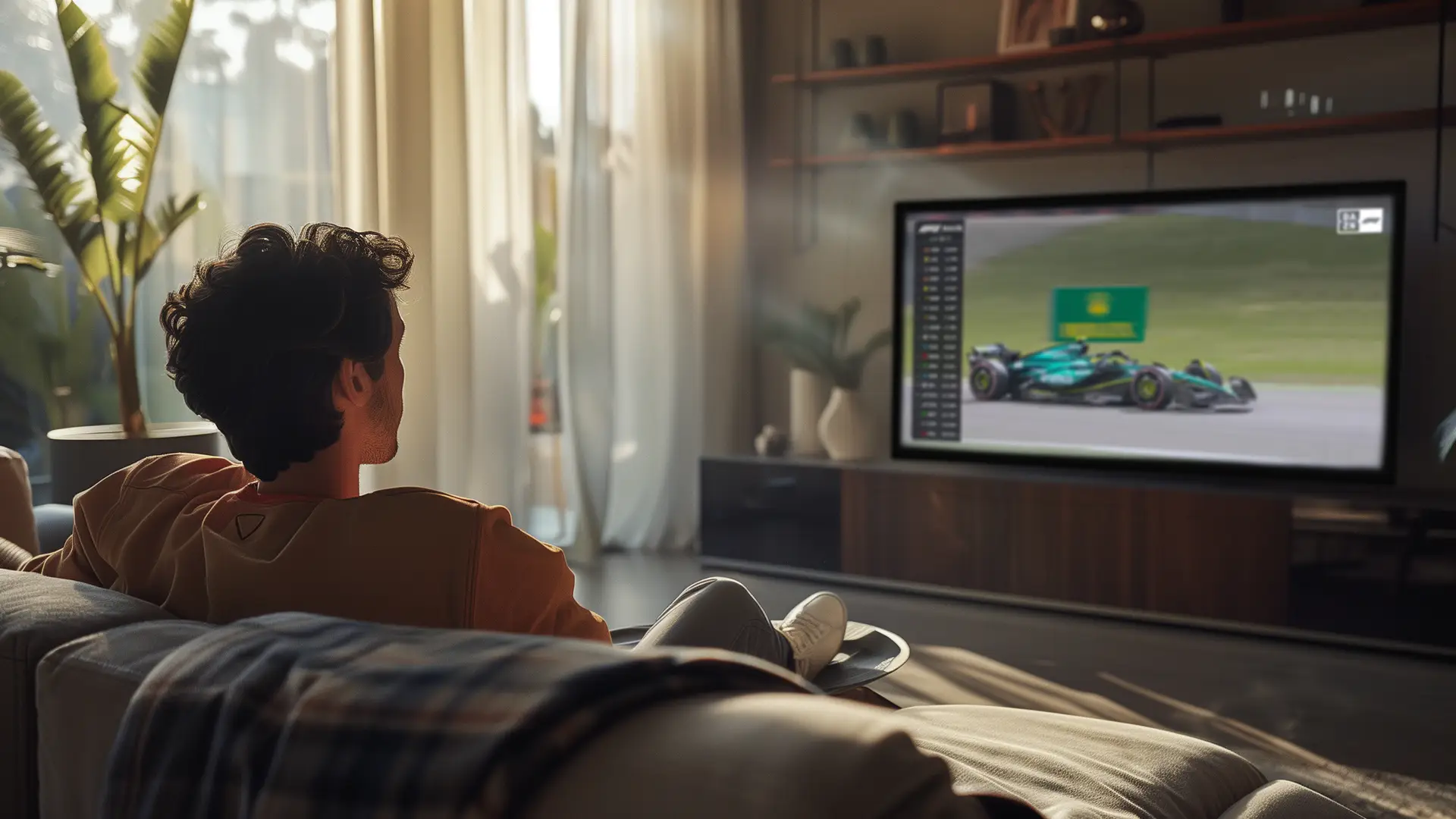 Un joven viendo la Fórmula 1 en su televisión porque tiene contratada la tv con deportes de motor.