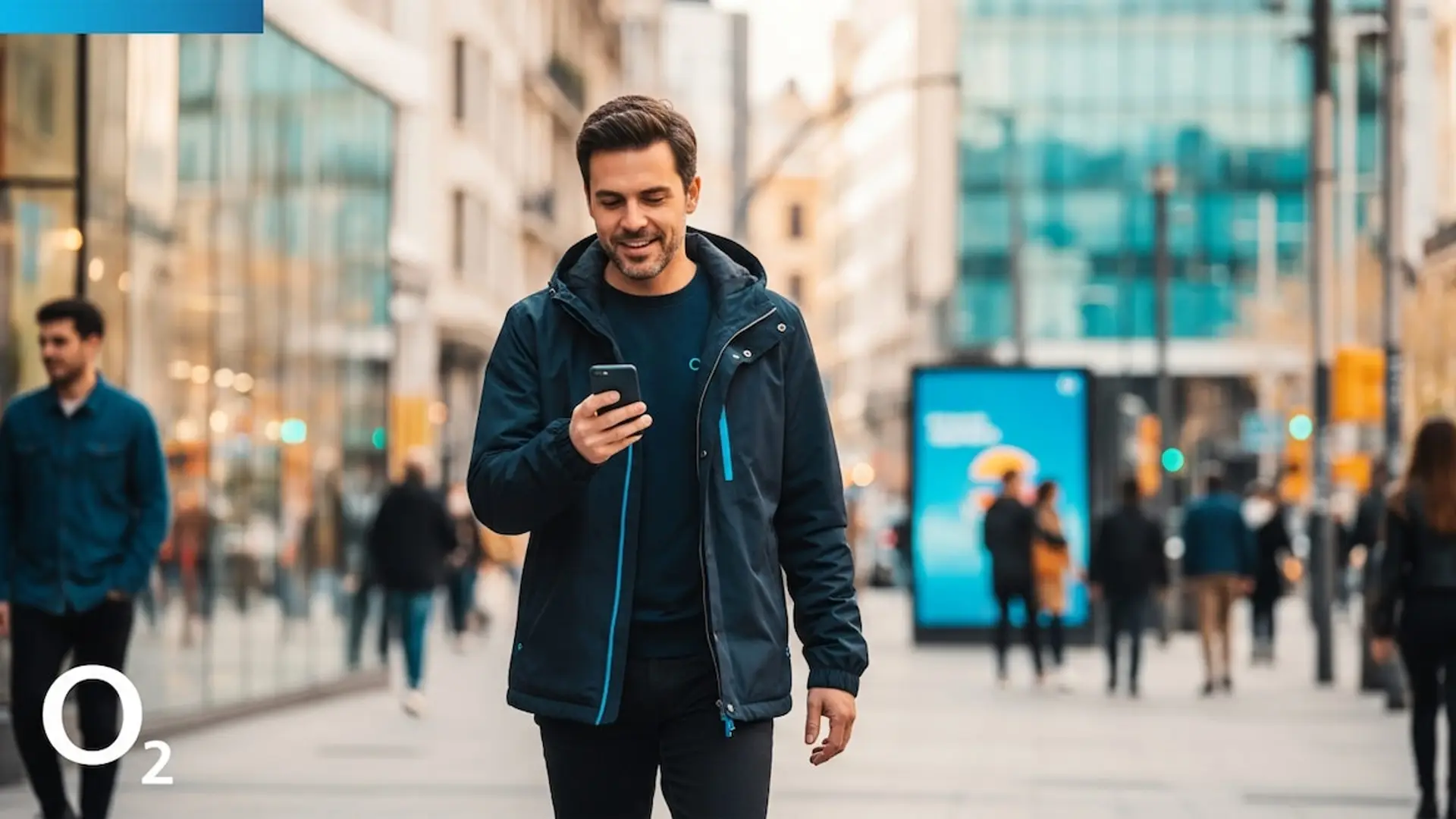 Hombre sonriendo mientras usa su smartphone en la calle, cliente de la operadora de telefonía móvil O2. Hombre sonriendo mientras usa su smartphone en la calle, cliente de la operadora de telefonía móvil O2.