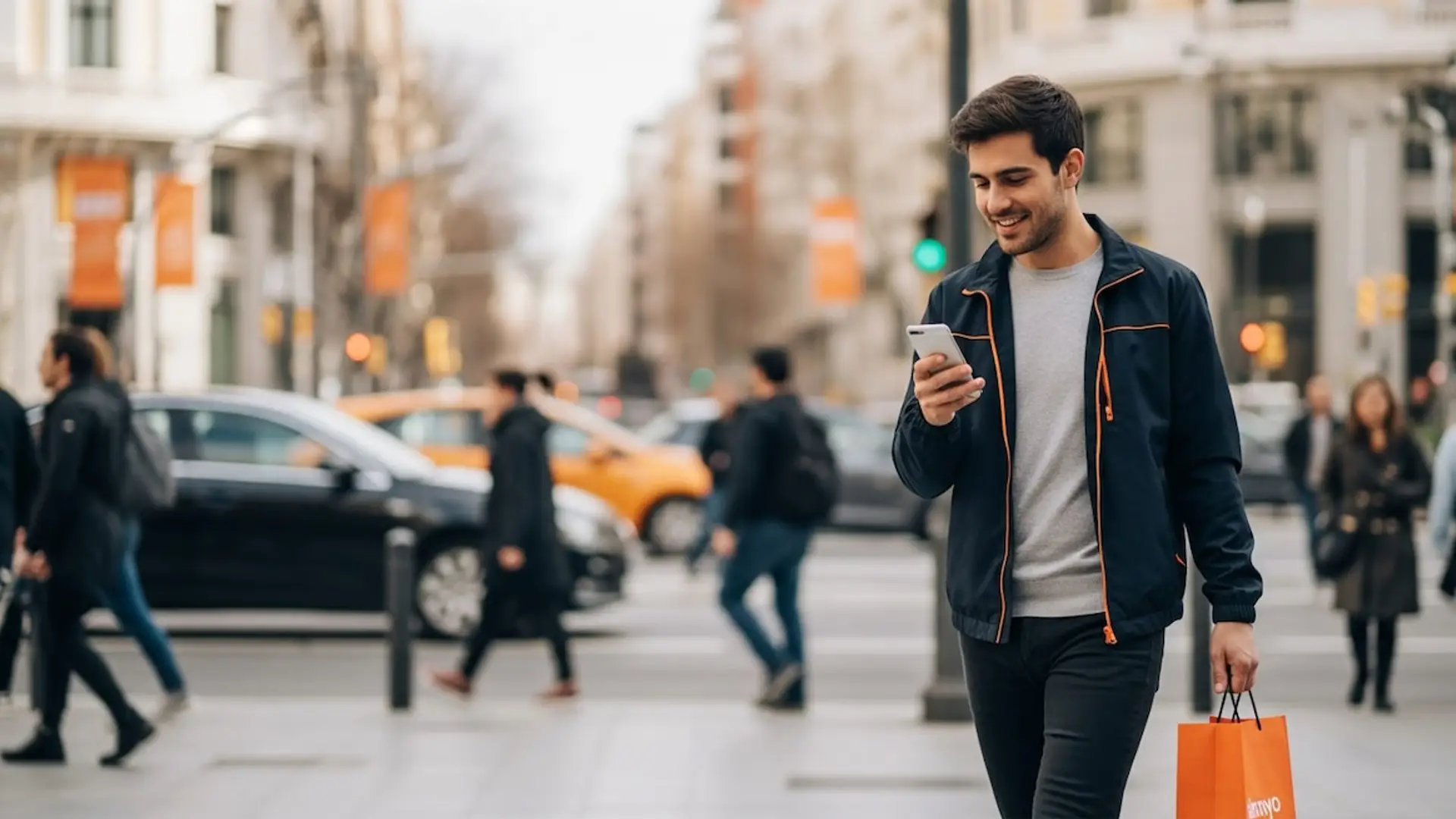 Joven sonriendo mientras usa su smartphone y lleva una bolsa de la compra de simyo por una calle céntrica. Joven sonriendo mientras usa su smartphone y lleva una bolsa de la compra de simyo por una calle céntrica.