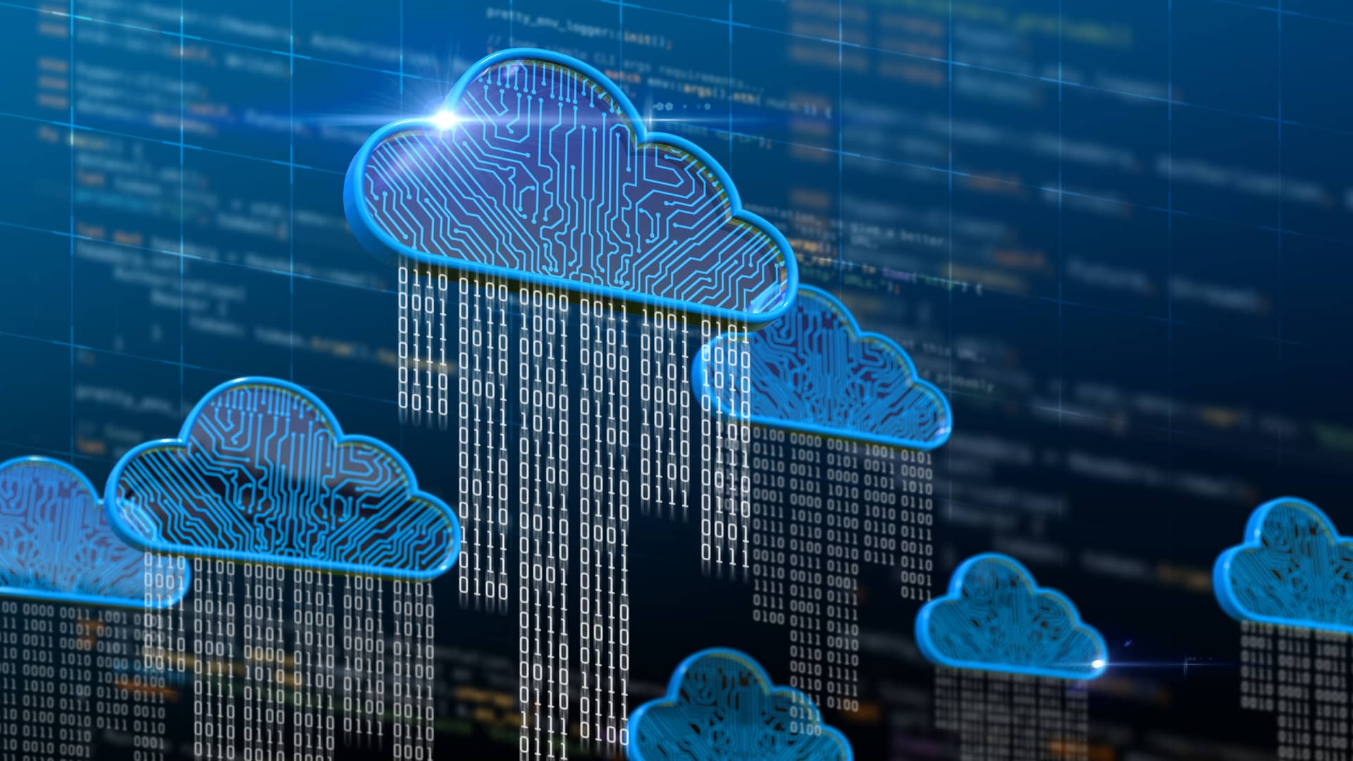 Nubes digitales de las que llueve código binario símbolizando los servicios en la nube Azure de migración y backup disponibles con Vodafone Empresas