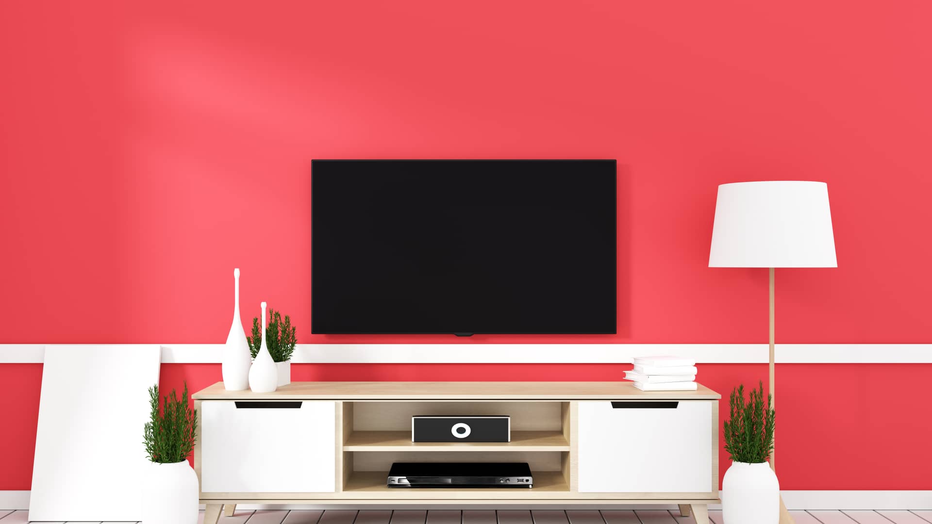 Salón rojo con mueble tv y smartv sirven para ilustrar las ofertas de vodafone en televisores